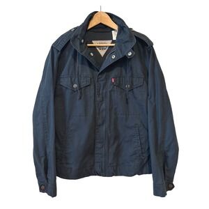 Levis Military Field Jacket Sz M Black Canvas Stowaway Hood Utility Trucker Coat